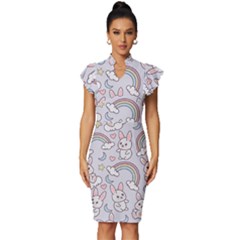 Seamless-pattern-with-cute-rabbit-character Vintage Frill Sleeve V-neck Bodycon Dress by Salman4z