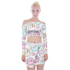 Cute-doodle-cartoon-seamless-pattern Off Shoulder Top With Mini Skirt Set by Salman4z