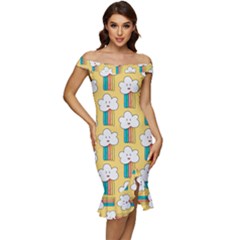 Smile-cloud-rainbow-pattern-yellow Off Shoulder Ruffle Split Hem Bodycon Dress by Salman4z