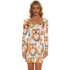 Cute-colorful-owl-cartoon-seamless-pattern Long Sleeve Square Neck Bodycon Velvet Dress by Salman4z