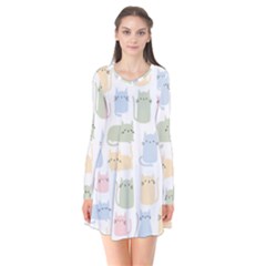 Cute-cat-colorful-cartoon-doodle-seamless-pattern Long Sleeve V-neck Flare Dress by Salman4z