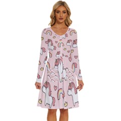 Cute-unicorn-rainbow-seamless-pattern-background Long Sleeve Dress With Pocket by Salman4z