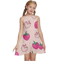 Seamless-strawberry-fruit-pattern-background Kids  Halter Collar Waist Tie Chiffon Dress by Salman4z