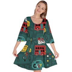 Seamless-pattern-hand-drawn-with-vehicles-buildings-road Velour Kimono Dress by Salman4z