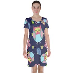 Owl-stars-pattern-background Short Sleeve Nightdress by Salman4z