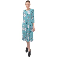 Elegant Swan Pattern Design Ruffle End Midi Chiffon Dress by pakminggu