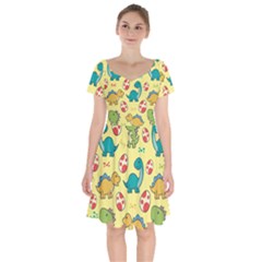 Seamless Pattern With Cute Dinosaurs Character Short Sleeve Bardot Dress by pakminggu