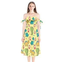 Seamless Pattern With Cute Dinosaurs Character Shoulder Tie Bardot Midi Dress by pakminggu