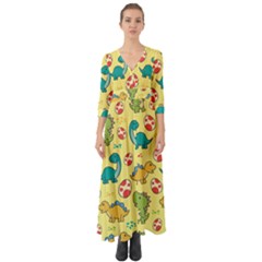 Seamless Pattern With Cute Dinosaurs Character Button Up Boho Maxi Dress by pakminggu