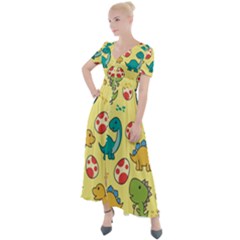 Seamless Pattern With Cute Dinosaurs Character Button Up Short Sleeve Maxi Dress by pakminggu