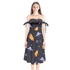 Cosmos Rockets Spaceships Ufos Shoulder Tie Bardot Midi Dress by pakminggu