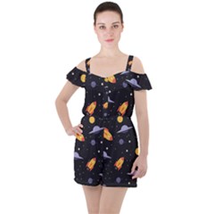 Cosmos Rockets Spaceships Ufos Ruffle Cut Out Chiffon Playsuit by pakminggu