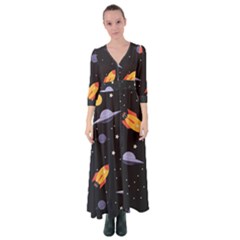 Cosmos Rockets Spaceships Ufos Button Up Maxi Dress by pakminggu