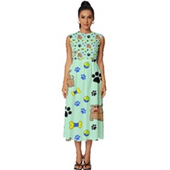 Dog Pattern Seamless Blue Background Scrapbooking Sleeveless Round Neck Midi Dress by pakminggu