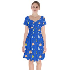 Cat Animals Sleep Stars Seamless Background Short Sleeve Bardot Dress by pakminggu