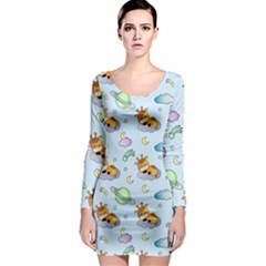 Pattern Giraffe Animal Seamless Scrapbooking Blue Long Sleeve Bodycon Dress by pakminggu