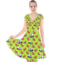 Watermelon Panda Background Wallpaper Cap Sleeve Front Wrap Midi Dress by pakminggu