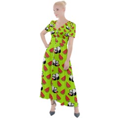 Watermelon Panda Background Wallpaper Button Up Short Sleeve Maxi Dress by pakminggu