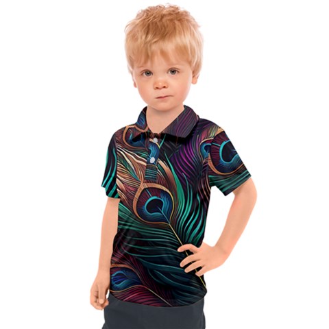 Peacock Feathers Nature Feather Pattern Kids  Polo Tee by pakminggu