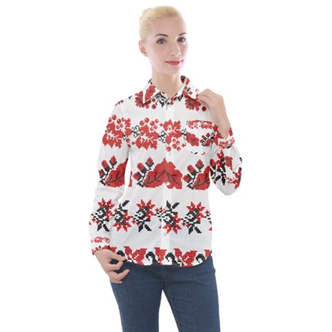 Ukraine Scheme Pattern Kit Ornament Plants Women s Long Sleeve Pocket Shirt by pakminggu