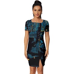 Hogwarts Castle Van Gogh Fitted Knot Split End Bodycon Dress by Mog4mog4
