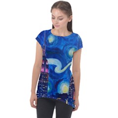 Starry Night In New York Van Gogh Manhattan Chrysler Building And Empire State Building Cap Sleeve High Low Top by Mog4mog4