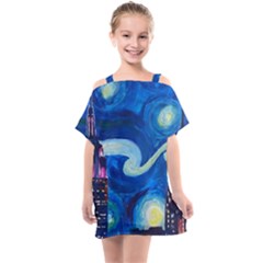 Starry Night In New York Van Gogh Manhattan Chrysler Building And Empire State Building Kids  One Piece Chiffon Dress by Mog4mog4