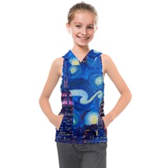 Starry Night In New York Van Gogh Manhattan Chrysler Building And Empire State Building Kids  Sleeveless Hoodie by Mog4mog4