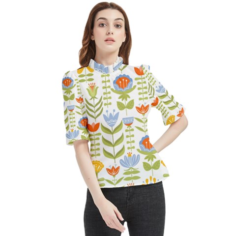 Seamless Pattern With Various Flowers Leaves Folk Motif Frill Neck Blouse by Mog4mog4