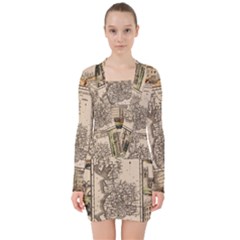 Antique Map Railway Lines Railway Train Char V-neck Bodycon Long Sleeve Dress by Mog4mog4