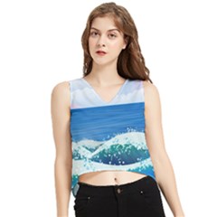 Illustration Landscape Sea Ocean Waves Beach Blue V-neck Cropped Tank Top by Mog4mog4