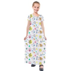 Summer Pattern Colorful Drawing Doodle Kids  Short Sleeve Maxi Dress by Bakwanart