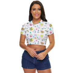 Summer Pattern Colorful Drawing Doodle Side Button Cropped Tee by Bakwanart