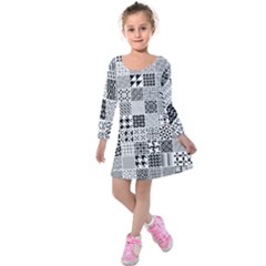 Black And White Geometric Patterns Kids  Long Sleeve Velvet Dress by Bakwanart