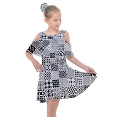 Black And White Geometric Patterns Kids  Shoulder Cutout Chiffon Dress by Bakwanart