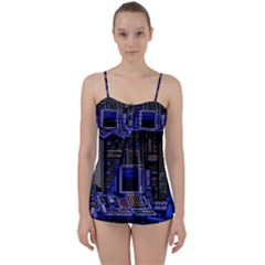 Blue Computer Monitor With Chair Game Digital Wallpaper, Digital Art Babydoll Tankini Set by Bakwanart