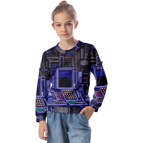 Blue Computer Monitor With Chair Game Digital Wallpaper, Digital Art Kids  Long Sleeve Tee With Frill  by Bakwanart