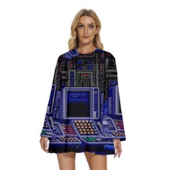 Blue Computer Monitor With Chair Game Digital Wallpaper, Digital Art Round Neck Long Sleeve Bohemian Style Chiffon Mini Dress by Bakwanart