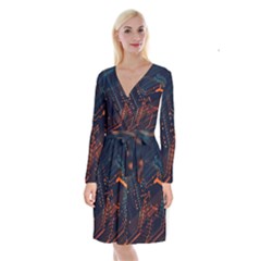 Abstract Colorful Circuit Long Sleeve Velvet Front Wrap Dress by Bakwanart