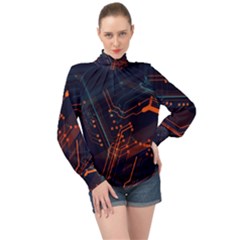 Abstract Colorful Circuit High Neck Long Sleeve Chiffon Top by Bakwanart