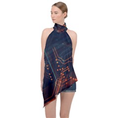 Abstract Colorful Circuit Halter Asymmetric Satin Top by Bakwanart