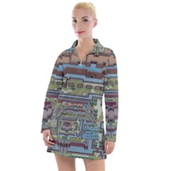 Arcade Game Retro Pattern Women s Long Sleeve Casual Dress by Bakwanart