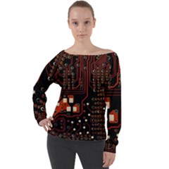 Red Computer Circuit Board Off Shoulder Long Sleeve Velour Top by Bakwanart