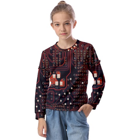 Red Computer Circuit Board Kids  Long Sleeve Tee With Frill  by Bakwanart