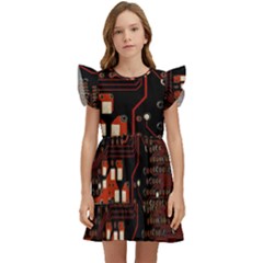 Red Computer Circuit Board Kids  Winged Sleeve Dress by Bakwanart