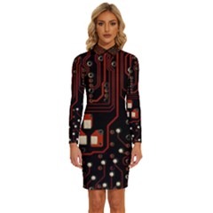 Red Computer Circuit Board Long Sleeve Shirt Collar Bodycon Dress by Bakwanart