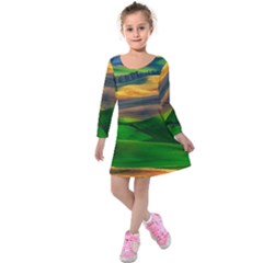 Grassland Nature Palouse Green Field Hill Sky Butte Kids  Long Sleeve Velvet Dress by Bakwanart