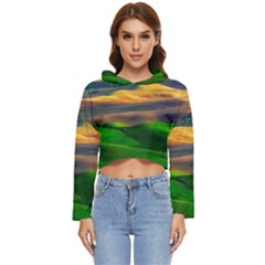 Grassland Nature Palouse Green Field Hill Sky Butte Women s Lightweight Cropped Hoodie by Bakwanart