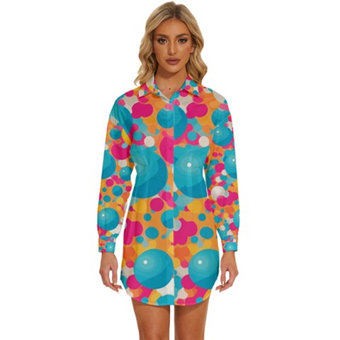 Circles Art Seamless Repeat Bright Colors Colorful Womens Long Sleeve Shirt Dress by 99art