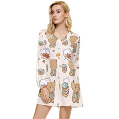 Bear Cartoon Background Pattern Seamless Animal Tiered Long Sleeve Mini Dress by 99art